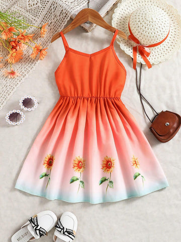 Summer Sweet Sunflower Printed Casual Toddler Girls' Travel Dress With Straps