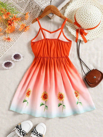 Summer Sweet Sunflower Printed Casual Toddler Girls' Travel Dress With Straps