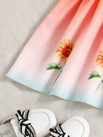 Summer Sweet Sunflower Printed Casual Toddler Girls' Travel Dress With Straps