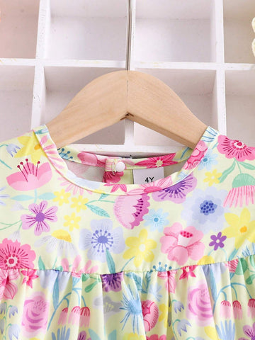 Summer Thin Floral Print Girls Dress With Puff Sleeves And Cute Flower Design Children Clothing