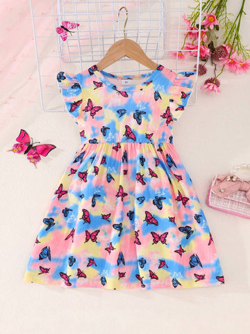 Summer Tie-Dyed Butterfly Pattern Girls' Dress, Thin Casual Princess Dress For Little Girls With Flared Sleeves And Vest, Colorful Printed Long Dress For Children