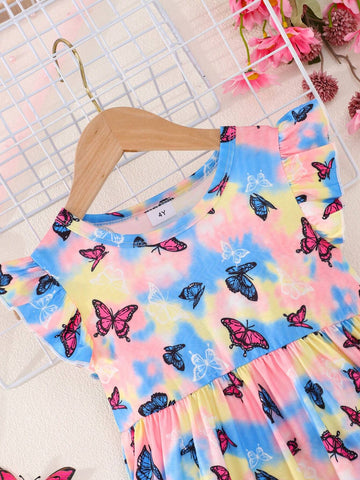 Summer Tie-Dyed Butterfly Pattern Girls' Dress, Thin Casual Princess Dress For Little Girls With Flared Sleeves And Vest, Colorful Printed Long Dress For Children