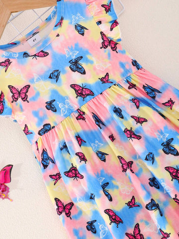 Summer Tie-Dyed Butterfly Pattern Girls' Dress, Thin Casual Princess Dress For Little Girls With Flared Sleeves And Vest, Colorful Printed Long Dress For Children