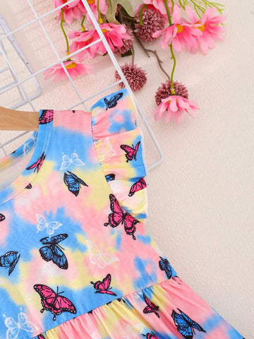 Summer Tie-Dyed Butterfly Pattern Girls' Dress, Thin Casual Princess Dress For Little Girls With Flared Sleeves And Vest, Colorful Printed Long Dress For Children