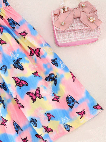 Summer Tie-Dyed Butterfly Pattern Girls' Dress, Thin Casual Princess Dress For Little Girls With Flared Sleeves And Vest, Colorful Printed Long Dress For Children