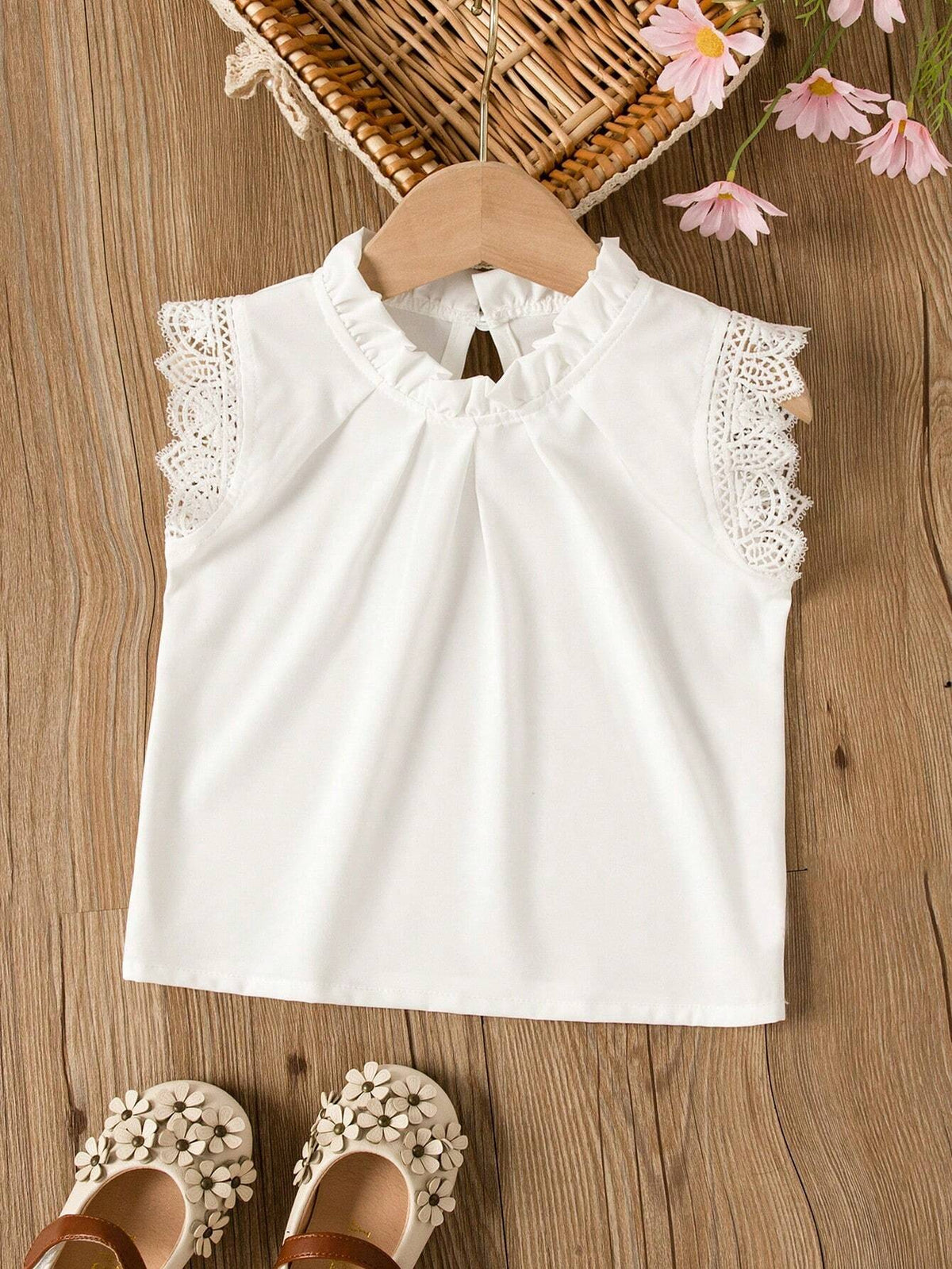 Summer Toddler Children High Density Cotton Shirt Doll Shirt Frill Trimmed Wide Shoulder T-Shirt Summer Clothing