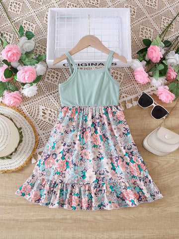 Summer Toddler Girls' Light Green Spaghetti Strap Dress With Floral Patchwork Design