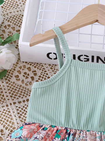 Summer Toddler Girls' Light Green Spaghetti Strap Dress With Floral Patchwork Design