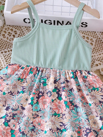 Summer Toddler Girls' Light Green Spaghetti Strap Dress With Floral Patchwork Design