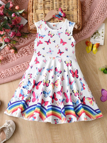 Summer Toddler Girls" Sleeveless Butterfly Printed Vest Dress, Suitable For Daily Wear