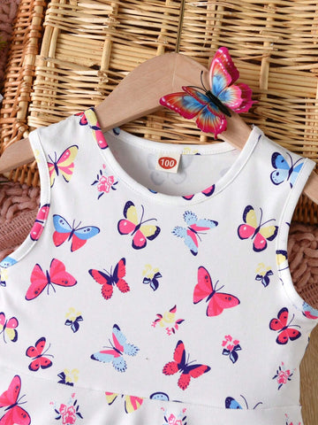 Summer Toddler Girls" Sleeveless Butterfly Printed Vest Dress, Suitable For Daily Wear