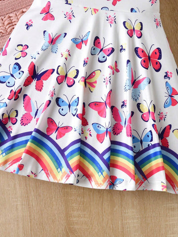 Summer Toddler Girls" Sleeveless Butterfly Printed Vest Dress, Suitable For Daily Wear