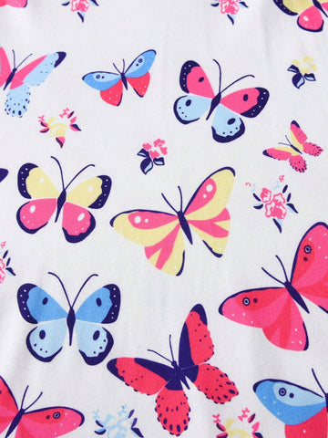 Summer Toddler Girls" Sleeveless Butterfly Printed Vest Dress, Suitable For Daily Wear