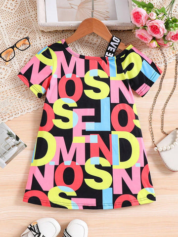 Summer Trendy Korean-Style Girls' Open Shoulder Short Sleeve Letter Allover Print Casual Dress