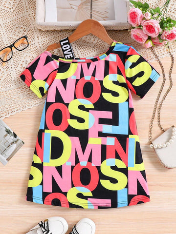 Summer Trendy Korean-Style Girls' Open Shoulder Short Sleeve Letter Allover Print Casual Dress