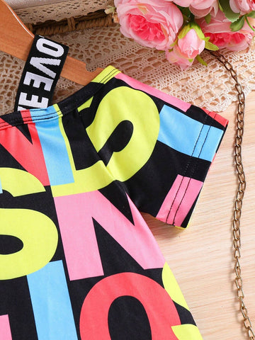 Summer Trendy Korean-Style Girls' Open Shoulder Short Sleeve Letter Allover Print Casual Dress