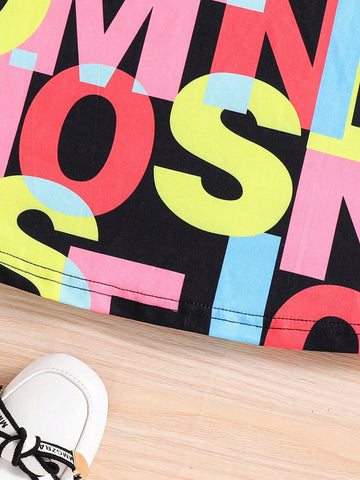 Summer Trendy Korean-Style Girls' Open Shoulder Short Sleeve Letter Allover Print Casual Dress