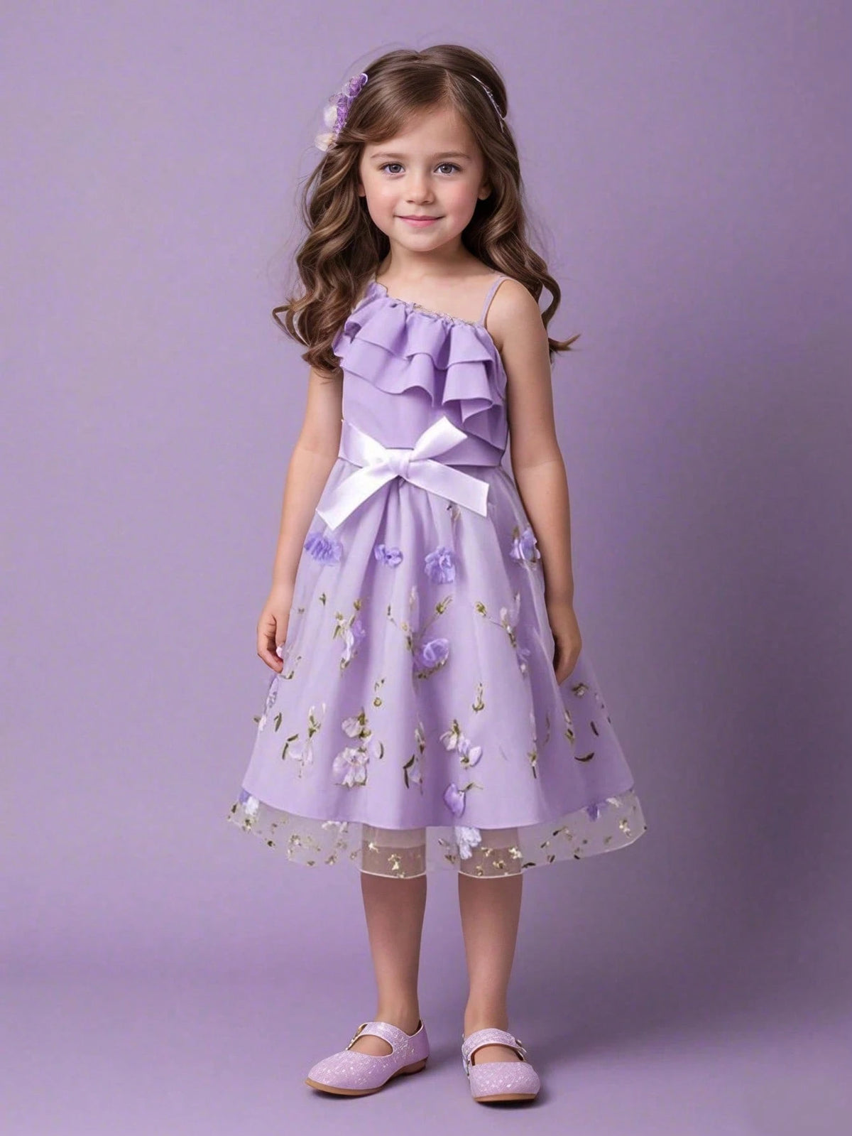 Summer Tulle Dress For Girls. It Is Made Of Flower-Patterned Tulle. Suitable For Girls Aged 4 To 7. It Is A Daily Dress