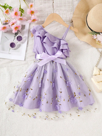 Summer Tulle Dress For Girls. It Is Made Of Flower-Patterned Tulle. Suitable For Girls Aged 4 To 7. It Is A Daily Dress