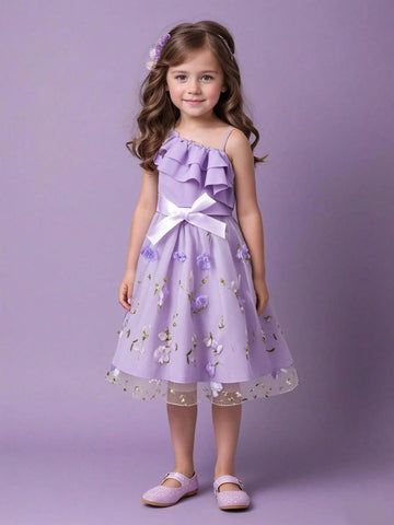 Summer Tulle Dress For Girls. It Is Made Of Flower-Patterned Tulle. Suitable For Girls Aged 4 To 7. It Is A Daily Dress