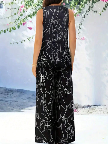 Summer Two-Piece Printed Sleeveless Top Comfortable Pants Set Women's Clothing