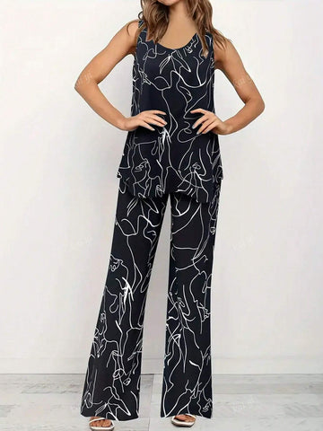 Summer Two-Piece Printed Sleeveless Top Comfortable Pants Set Women's Clothing