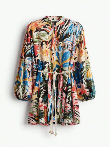 Summer V-Neck Floral Print Mini Dress With Ruffled Hem, Fit And Flare Silhouette, Fashionable Vacation Style