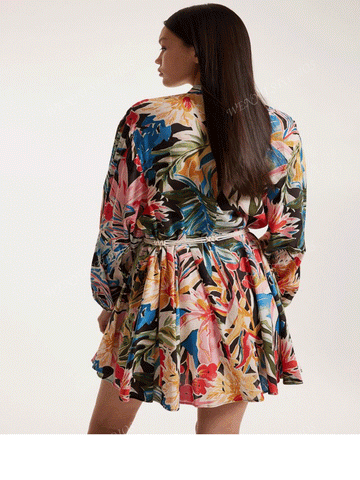 Summer V-Neck Floral Print Mini Dress With Ruffled Hem, Fit And Flare Silhouette, Fashionable Vacation Style