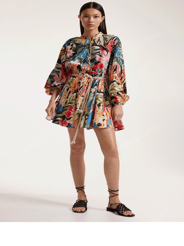 Summer V-Neck Floral Print Mini Dress With Ruffled Hem, Fit And Flare Silhouette, Fashionable Vacation Style