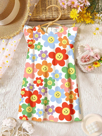 Summer Vacation Floral Print Young Boys' Casual Cartoon Flower Pattern Lotus Sleeve Dress, Suitable For Summer