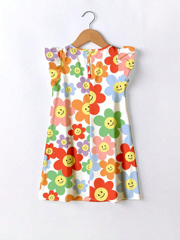 Summer Vacation Floral Print Young Boys' Casual Cartoon Flower Pattern Lotus Sleeve Dress, Suitable For Summer