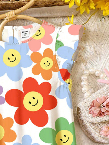 Summer Vacation Floral Print Young Boys' Casual Cartoon Flower Pattern Lotus Sleeve Dress, Suitable For Summer