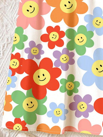 Summer Vacation Floral Print Young Boys' Casual Cartoon Flower Pattern Lotus Sleeve Dress, Suitable For Summer