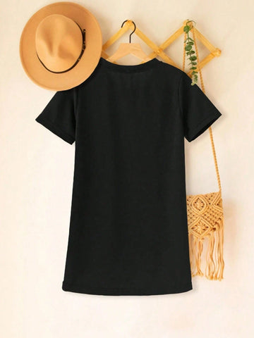 Summer Vacation Girls' Star Denim Effect Patchwork Short Sleeve Dress