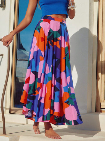 Summer Women's Bohemian Print Beach Skirt, High Waist Pleated Vacation Skirt