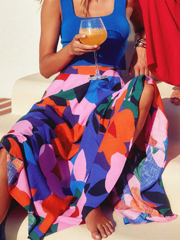 Summer Women's Bohemian Print Beach Skirt, High Waist Pleated Vacation Skirt