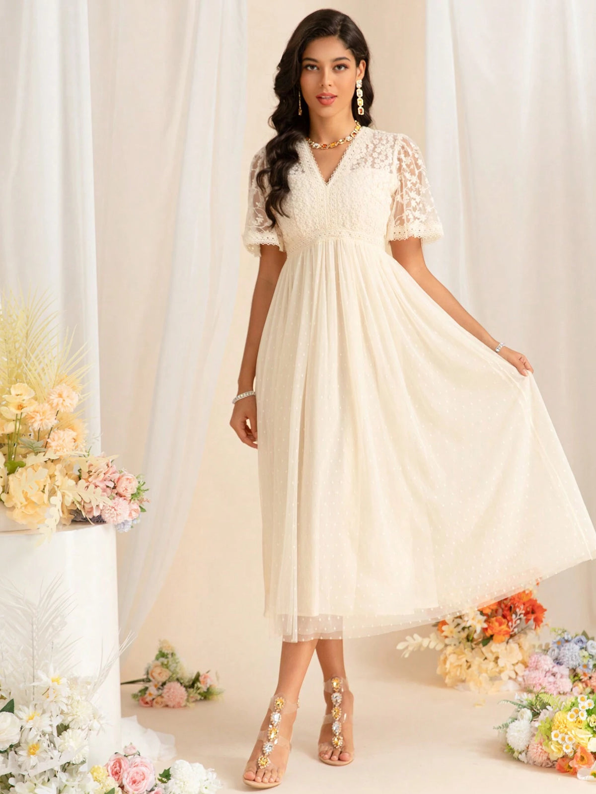 Summer Women's Mesh Embroidery Polka Dot Sexy V Neck Mid Sleeve Waisted Pleated Large Swing Celebrity Long Dresses