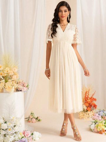 Summer Women's Mesh Embroidery Polka Dot Sexy V Neck Mid Sleeve Waisted Pleated Large Swing Celebrity Long Dresses