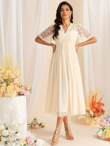 Summer Women's Mesh Embroidery Polka Dot Sexy V Neck Mid Sleeve Waisted Pleated Large Swing Celebrity Long Dresses