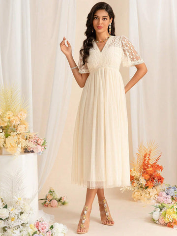 Summer Women's Mesh Embroidery Polka Dot Sexy V Neck Mid Sleeve Waisted Pleated Large Swing Celebrity Long Dresses