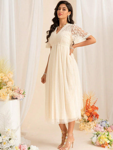 Summer Women's Mesh Embroidery Polka Dot Sexy V Neck Mid Sleeve Waisted Pleated Large Swing Celebrity Long Dresses