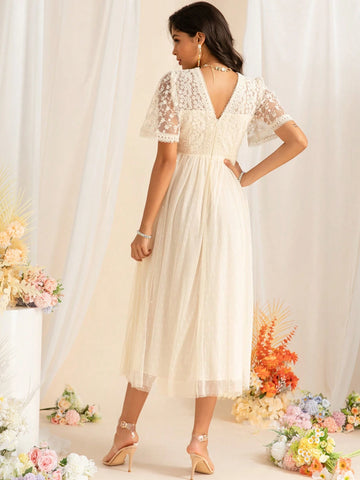 Summer Women's Mesh Embroidery Polka Dot Sexy V Neck Mid Sleeve Waisted Pleated Large Swing Celebrity Long Dresses