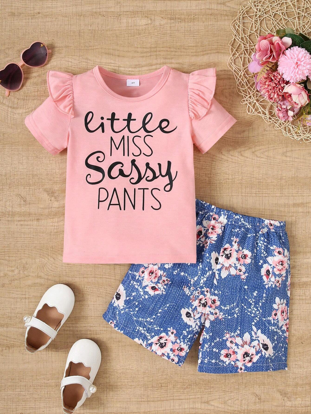 Summer Young Girl Casual Batwing Sleeve Slogan Print Short-Sleeved T-Shirt + Floral Print Shorts Two-Piece Set