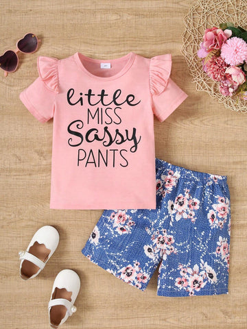 Summer Young Girl Casual Batwing Sleeve Slogan Print Short-Sleeved T-Shirt + Floral Print Shorts Two-Piece Set