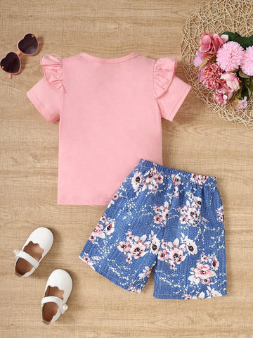 Summer Young Girl Casual Batwing Sleeve Slogan Print Short-Sleeved T-Shirt + Floral Print Shorts Two-Piece Set