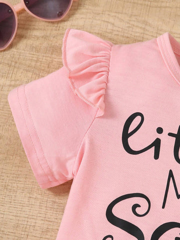 Summer Young Girl Casual Batwing Sleeve Slogan Print Short-Sleeved T-Shirt + Floral Print Shorts Two-Piece Set