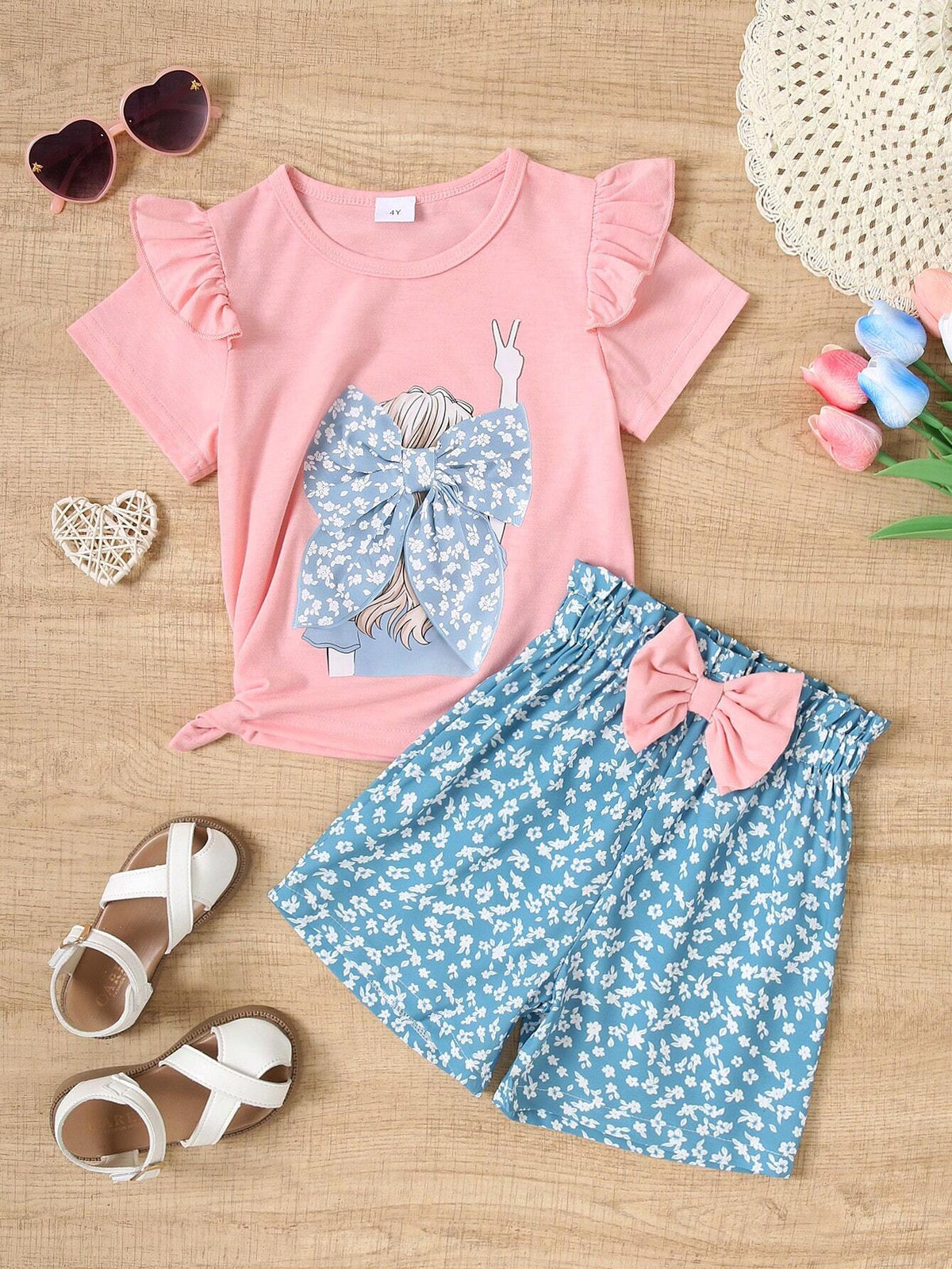 Summer Young Girl Casual Figure Back Print Short Sleeve T-Shirt + Floral Print Shorts Two-Piece Set