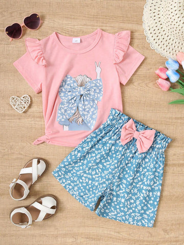 Summer Young Girl Casual Figure Back Print Short Sleeve T-Shirt + Floral Print Shorts Two-Piece Set