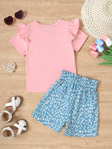 Summer Young Girl Casual Figure Back Print Short Sleeve T-Shirt + Floral Print Shorts Two-Piece Set
