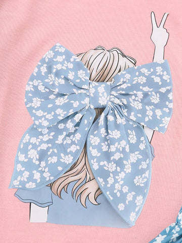 Summer Young Girl Casual Figure Back Print Short Sleeve T-Shirt + Floral Print Shorts Two-Piece Set